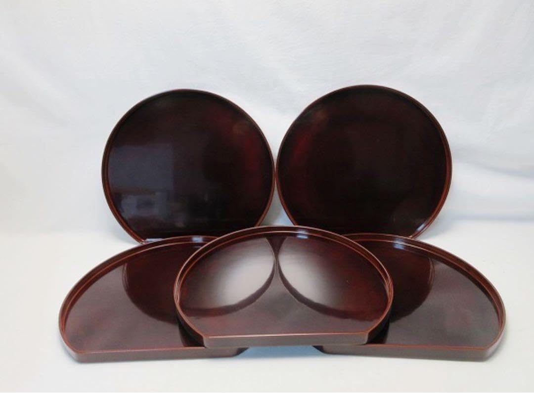 懐石道具 輪島塗 木製 溜塗 半月膳 五枚揃 宴会盆 銘々盆 共箱 懐石